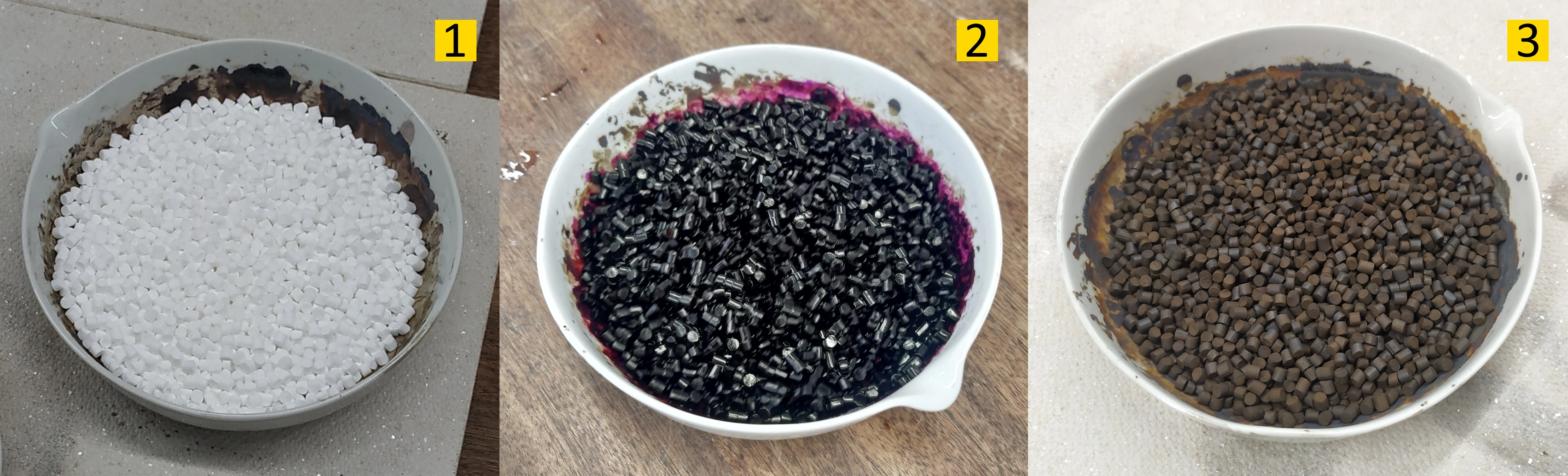 The three stages of catalyst production: 1, calcined gamma-alumina pellets. 2, the same pellets after impregnation. 3, the finished catalyst