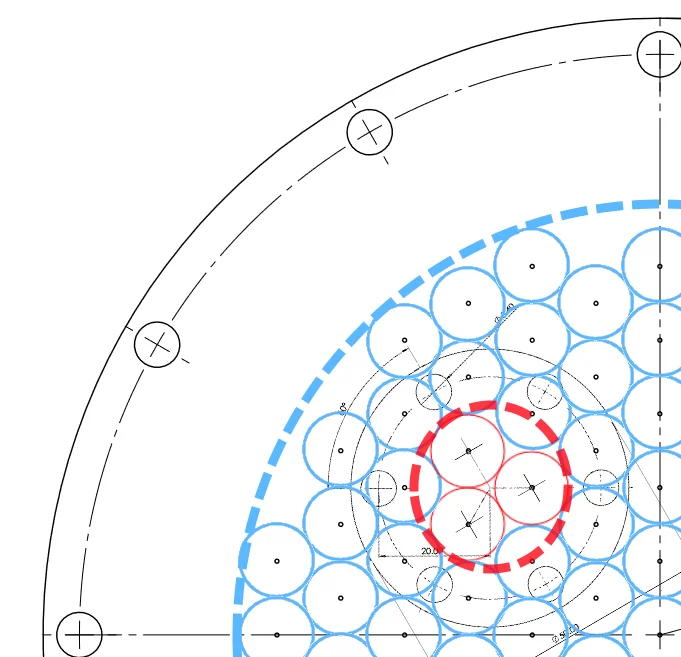 Representative small-scale injector geometry (red) derived from the full-scale injector layout (blue)