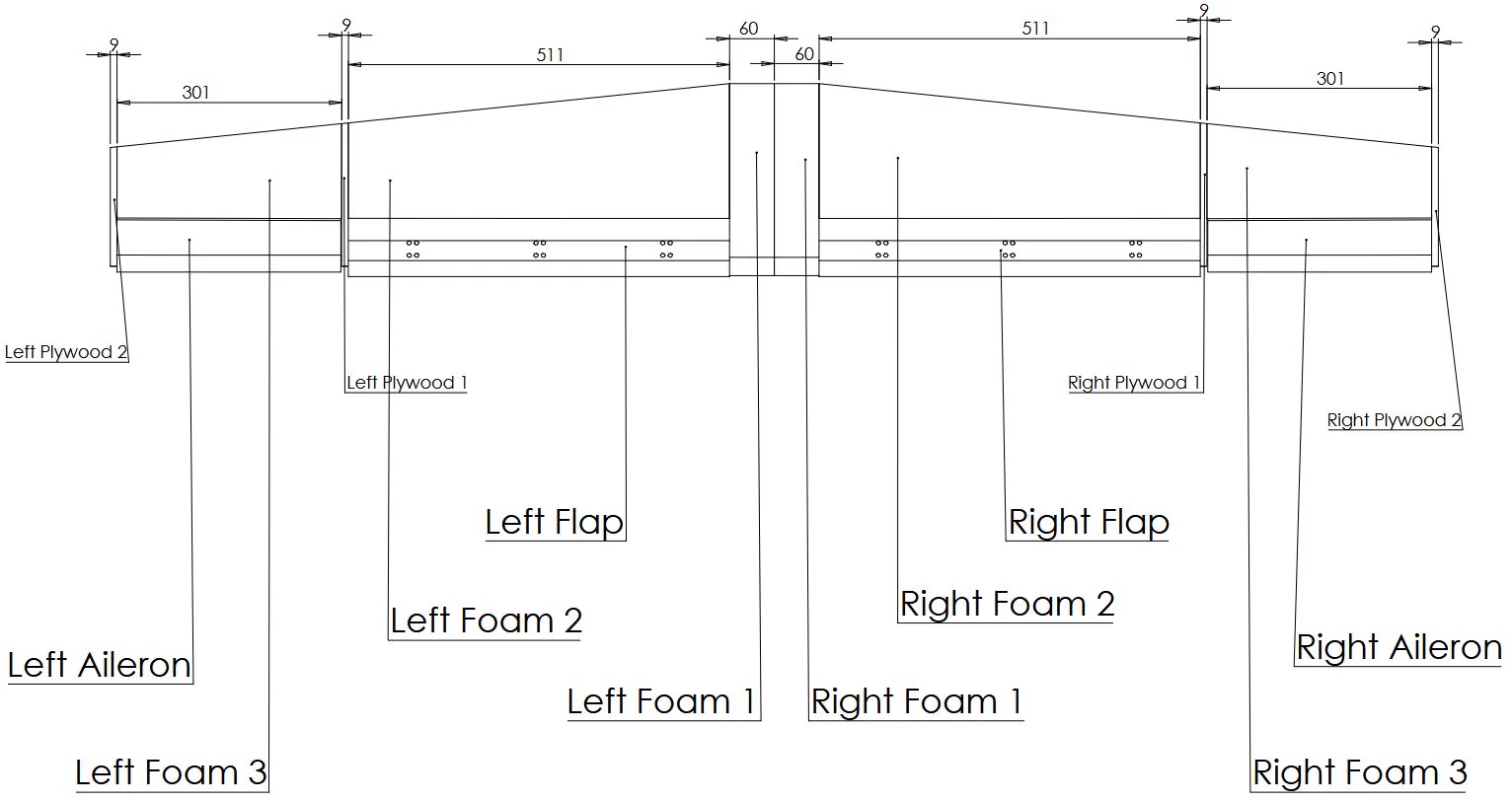 wing concept drawing showing individual sections of the wing